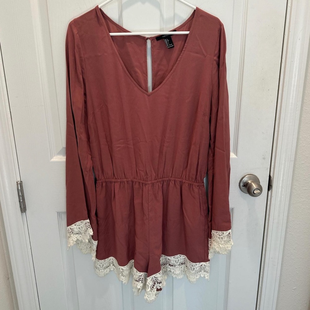 Forever 21 Lush Rose Dust Long-Sleeve Lace Trim Romper